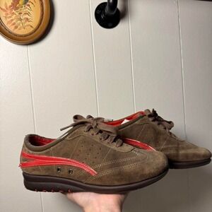 Aerosoles Brown Suede Sneakers Red Accents Lace Up Low Top Shoes Womens 7.5